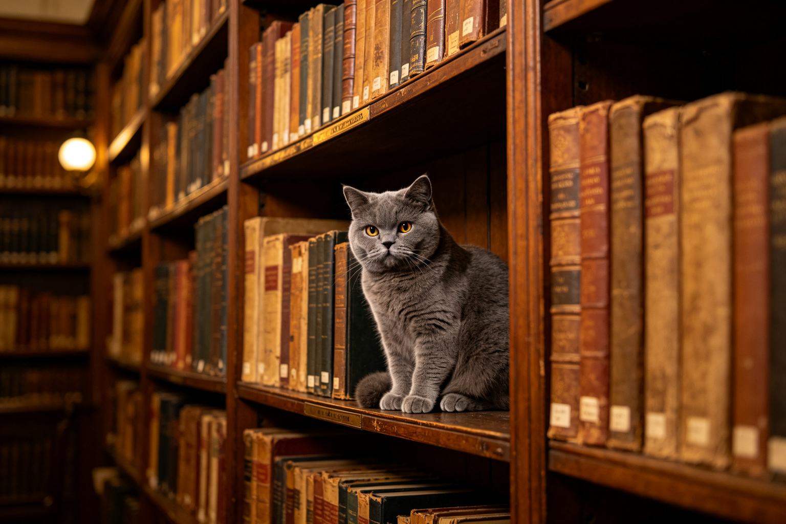 ZooTecture 英國短毛貓坐在復古書架圖書館中，貓咪與閱讀的不解之緣 - 複古書架圖書館的英短：貓咪與閱讀的不解之緣